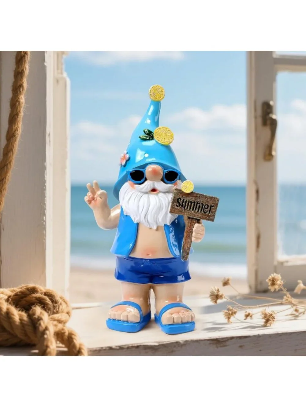Funny Blue Gnome Statue for Garden Decor - Outdoor Summer Beach Theme Figurine